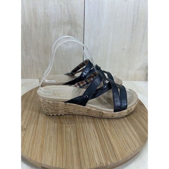 Crocs A-Leigh Plaid Leather Strap Cork Wedge Sandal Shoes Womens Size 7 - Picture 3 of 8